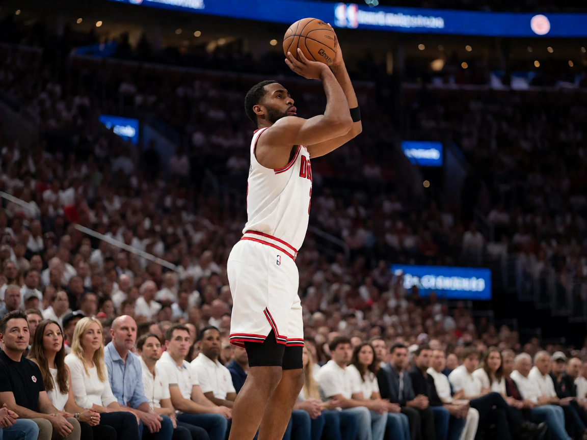 NBA季后赛赛场，球星在关键时刻投篮，全场观众屏息关注