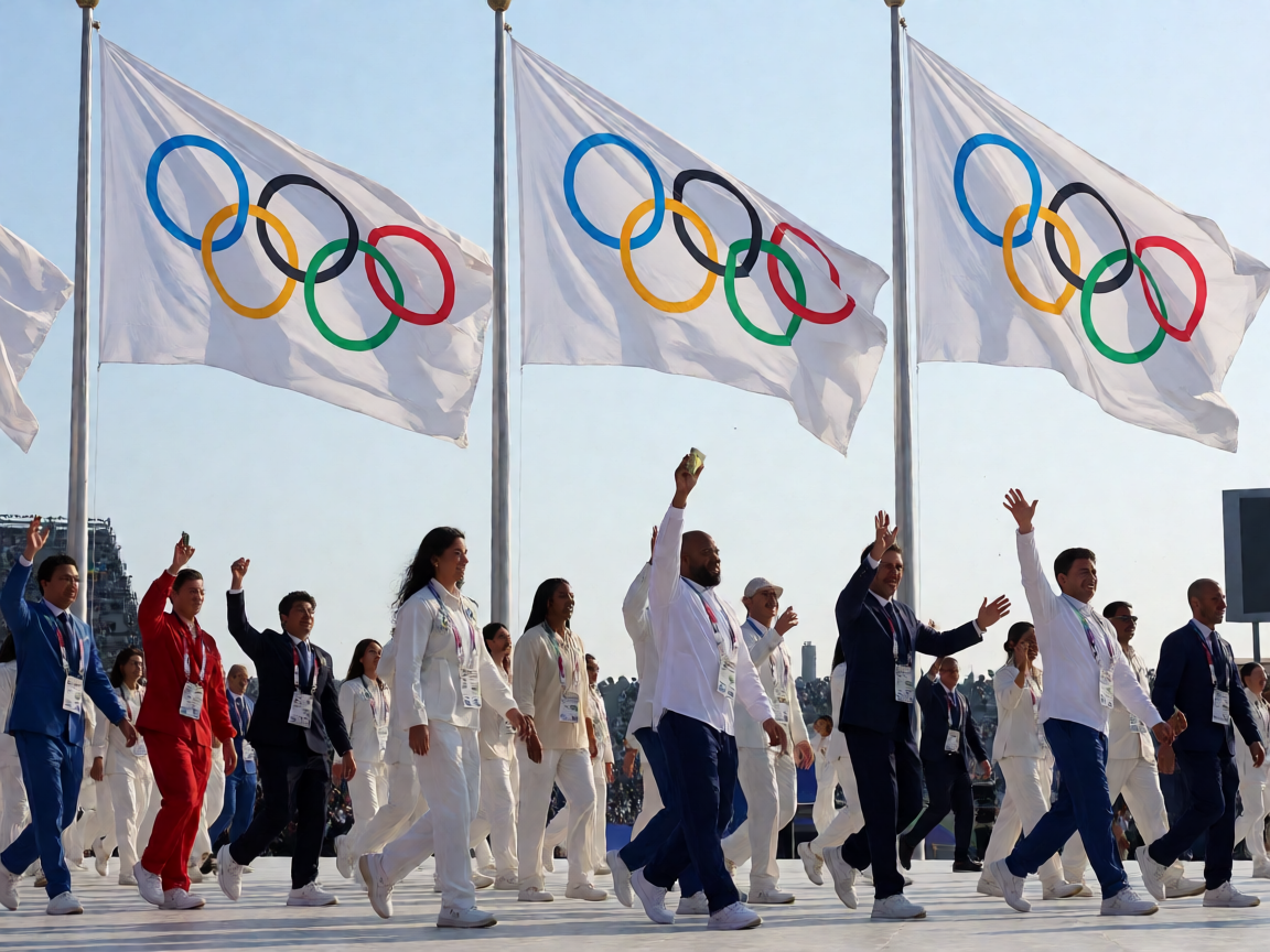 奥运会开幕式壮观场面，各国运动员入场，五环旗帜飘扬