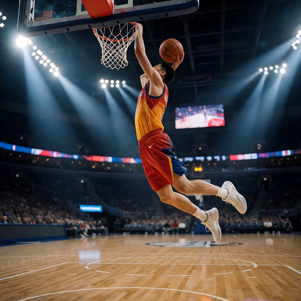 NBA篮球比赛中球员扣篮瞬间，球馆灯光聚焦在球场上