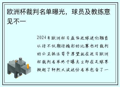 欧洲杯裁判名单曝光，球员及教练意见不一