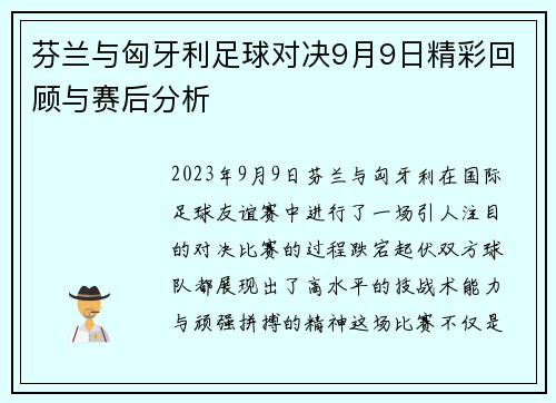 芬兰与匈牙利足球对决9月9日精彩回顾与赛后分析