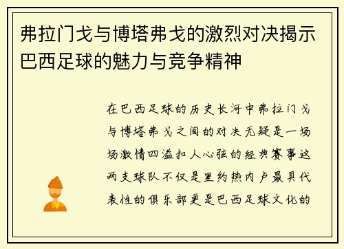 弗拉门戈与博塔弗戈的激烈对决揭示巴西足球的魅力与竞争精神