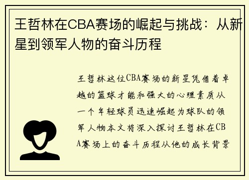 王哲林在CBA赛场的崛起与挑战：从新星到领军人物的奋斗历程