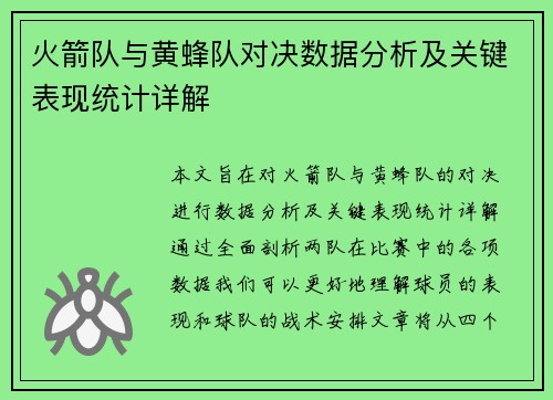 火箭队与黄蜂队对决数据分析及关键表现统计详解