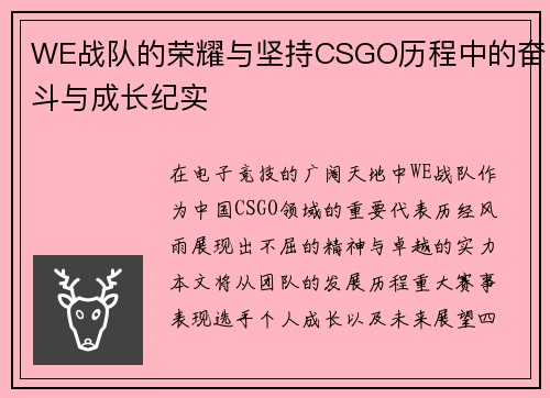 WE战队的荣耀与坚持CSGO历程中的奋斗与成长纪实