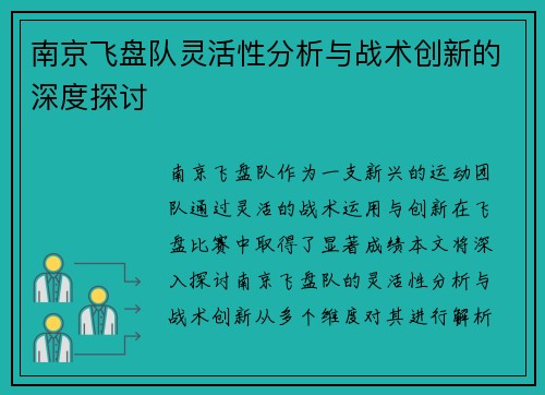 南京飞盘队灵活性分析与战术创新的深度探讨